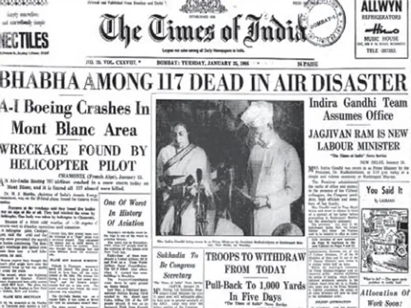 Newspaper article informing about  Homi Bhabha's death.